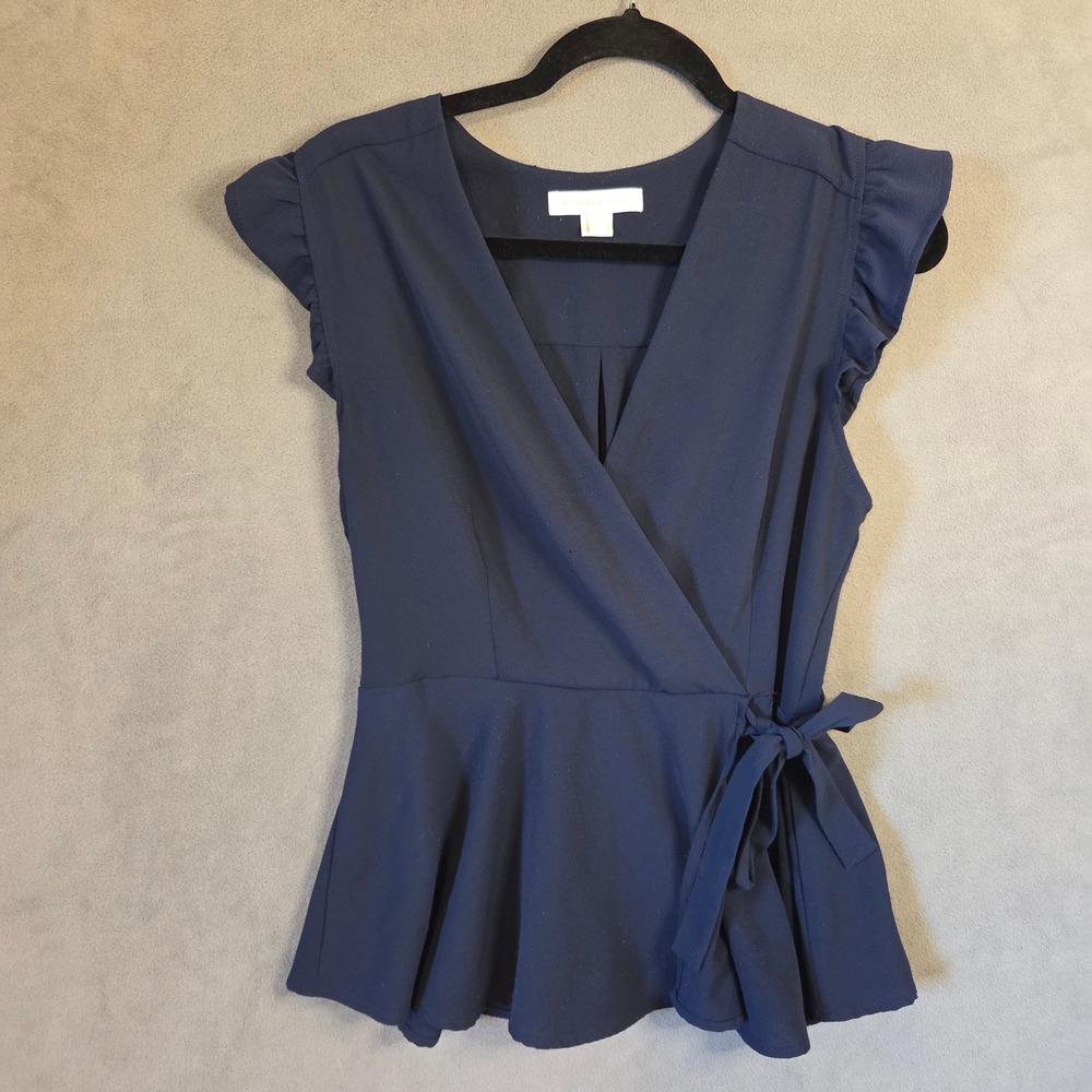 Monteau Peplum Faux Wrap Top Women's XL Ruffle Sleeve Crepe Career Classic